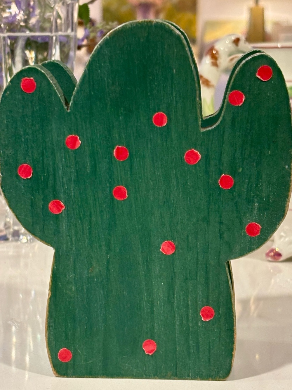 MCM Wooden Cactus Mail Holder/Napkin Holder- Green with Red Dots